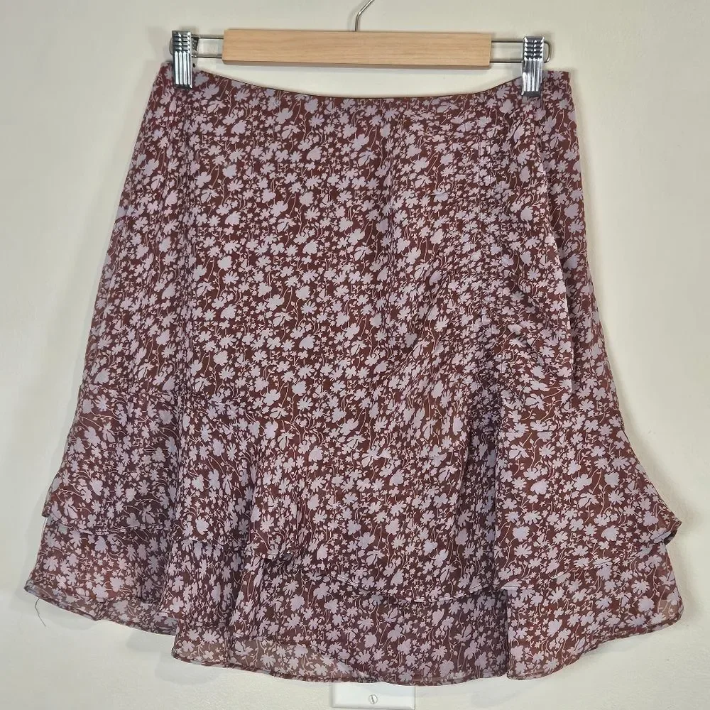 Lulu’s LUSH Always Carefree Rust Brown Floral Print Ruffled Mini Skirt Size Med
